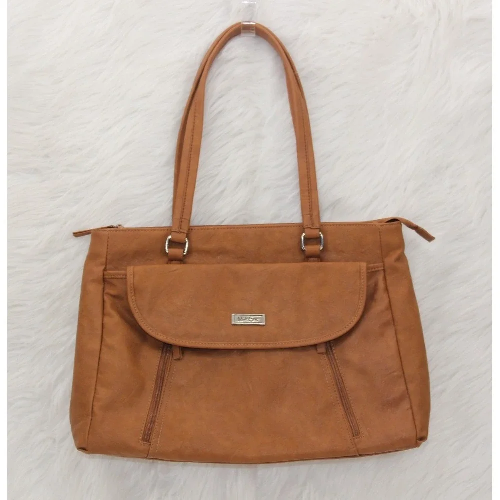 MultiSac Shoulder Purse Laptop Bag Tan Leather Look Several Compartments Classic